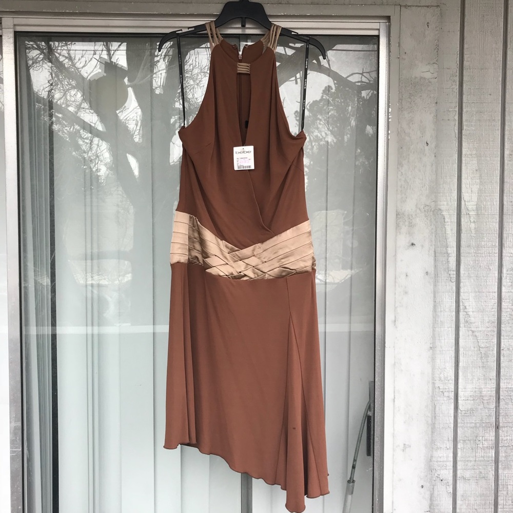 Bebe Cutout Plunge Neck Mocha Cocktail Dress S